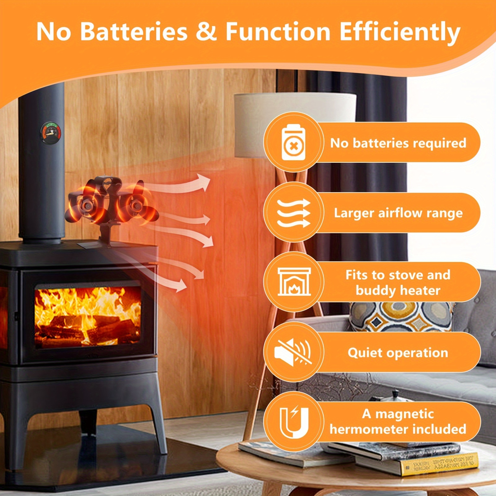 Wood burning heat powered 6 blades stove fan for buddy heater 