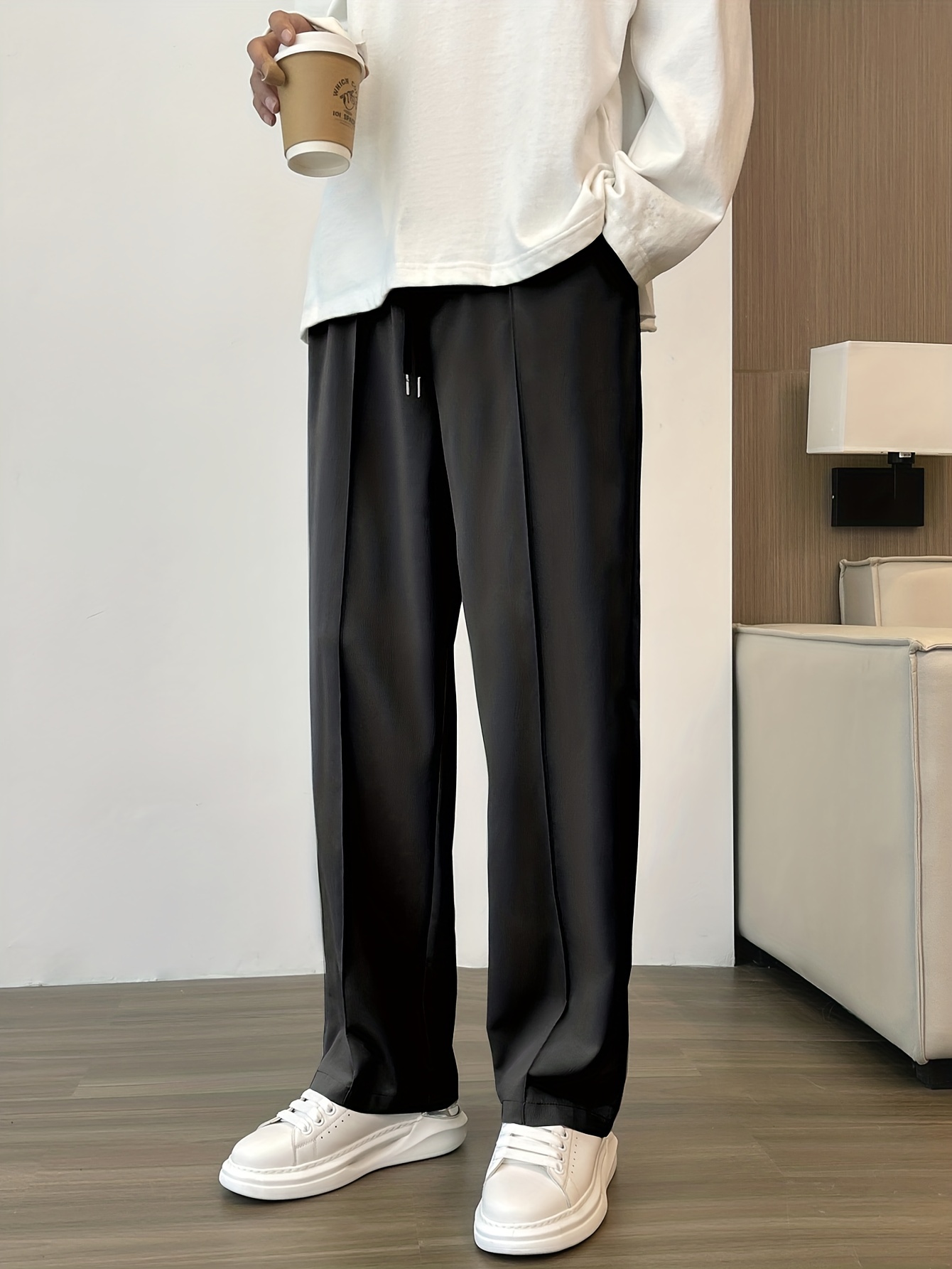 Men's Loose Fit Straight Leg Pants Casual Comfy Drawstring - Temu