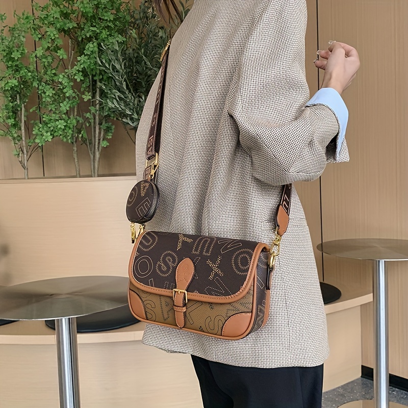 Vintage Letter Print Crossbody Bag, PU Leather Shoulder Bag With Mini Round  Coin Purse, Perfect Sling Bag For Daily Use