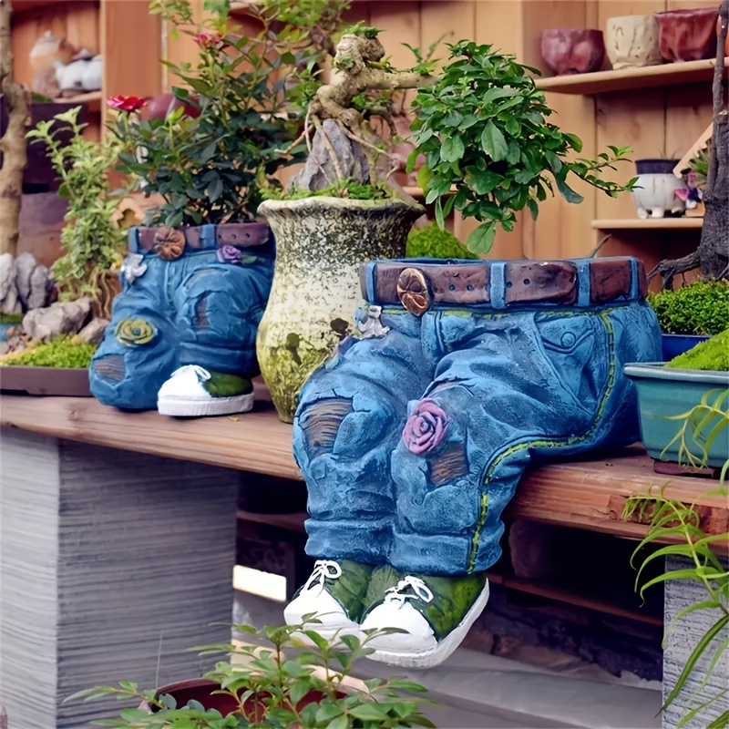 1 Stück Neuheit Denim Pflanzer Garten Decor Kleidung Home – Hosen Blue Dekoration Blumentöpfe Kreative Harz Jeans