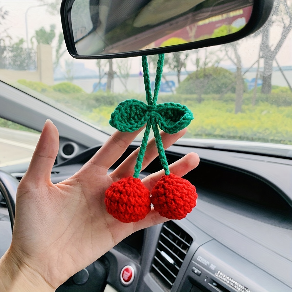 Car Accessories Women's Interior Cute Set Cherry Crochet Car - Temu