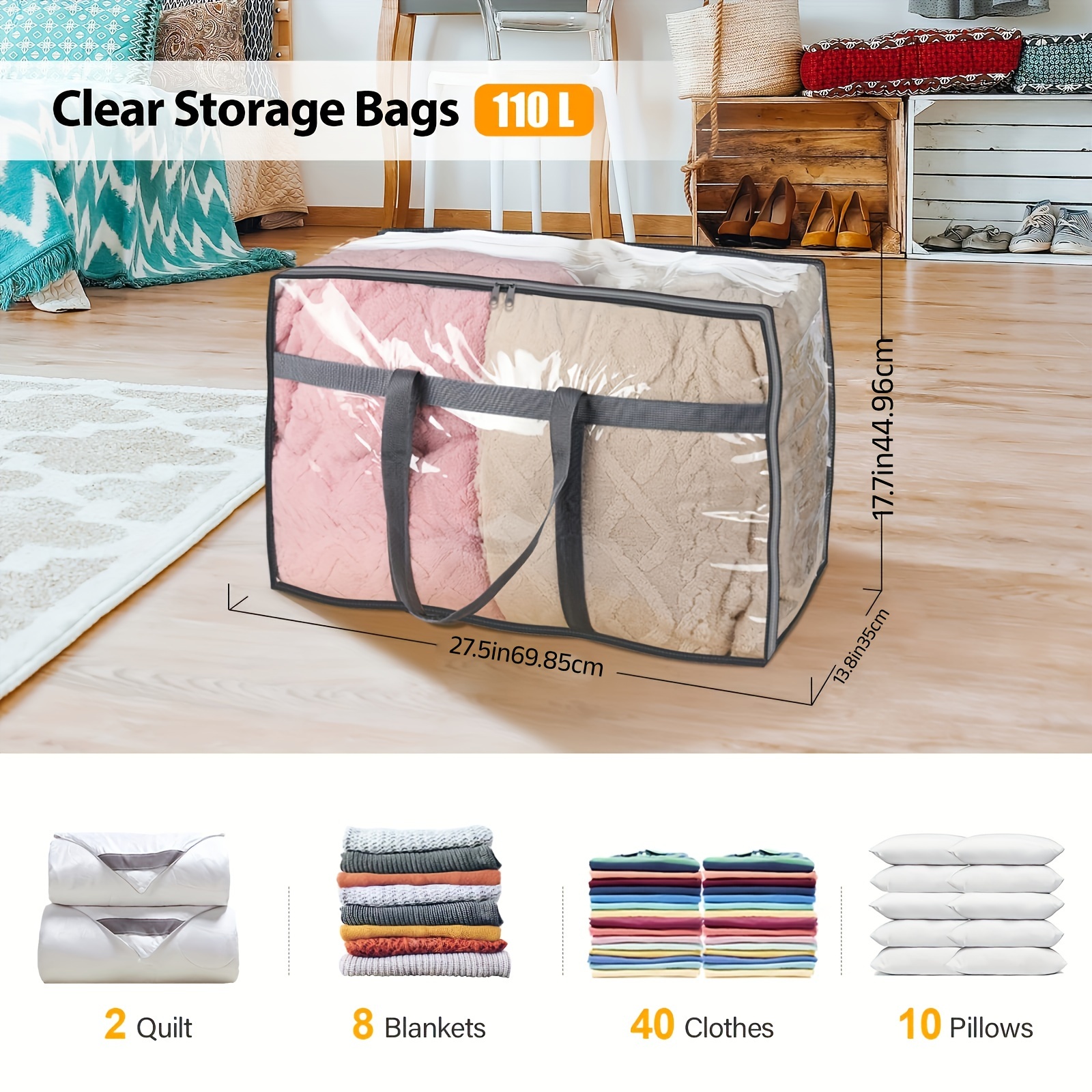  Jumbo Size Clear Flexible Zipper Storage Bags Organizer, for  Clothes, Bedding, Quilts, Blankets, Flexible Thick Plastic Totes for Easy  and Convenient Storage, Travel, Underbed, Closet Organization : Home &  Kitchen