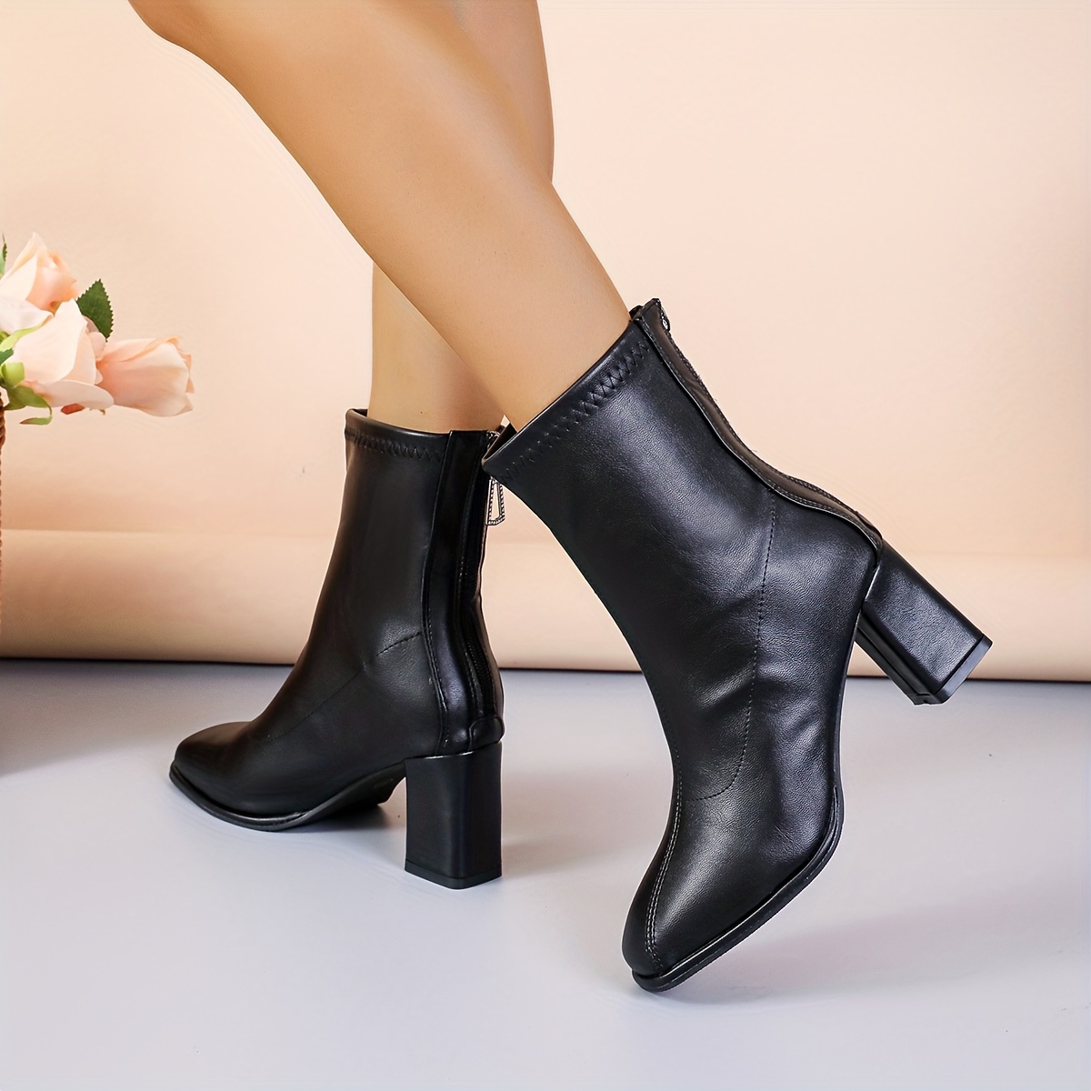 Women's Chunky Heeled Short Boots, Square Toe Back Zipper Stretch