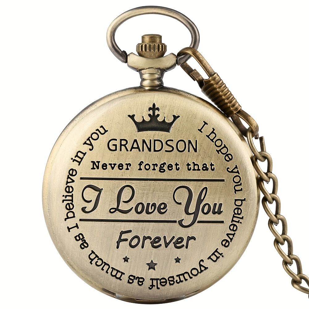 TEMU Toop Vintage Engraved Pocket Watch For Grandson - Gift With Message, Quartz Movement, Antique Bronze Finish & Chain, Father's Day , | Metallic Finish, Grandson Pocket Watch Gifts