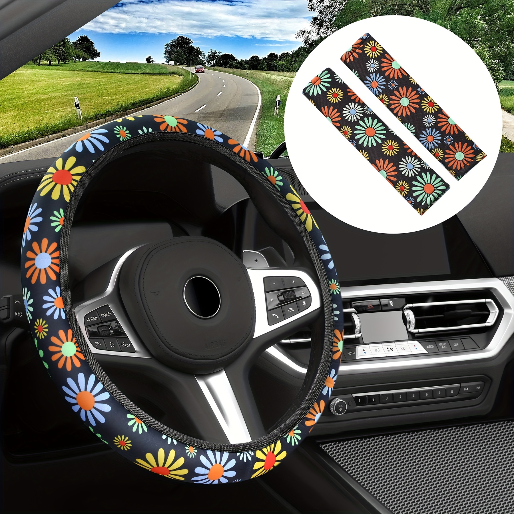 Daisy Flower Car Accessory Kit Steering Wheel Cover Seat - Temu