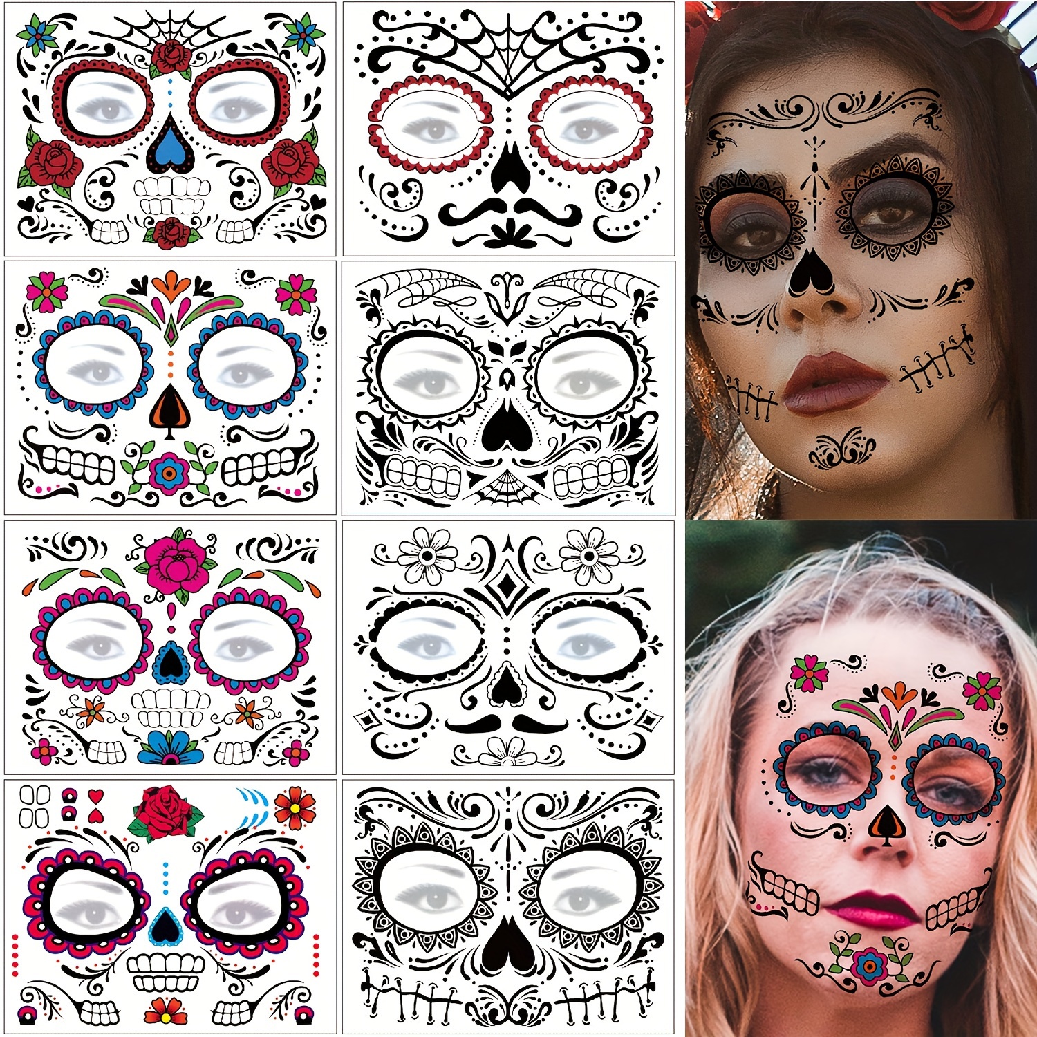 

8pcs & Day Of The Dead Temporary Face Tattoos - Makeup Stickers For Party Cosplay