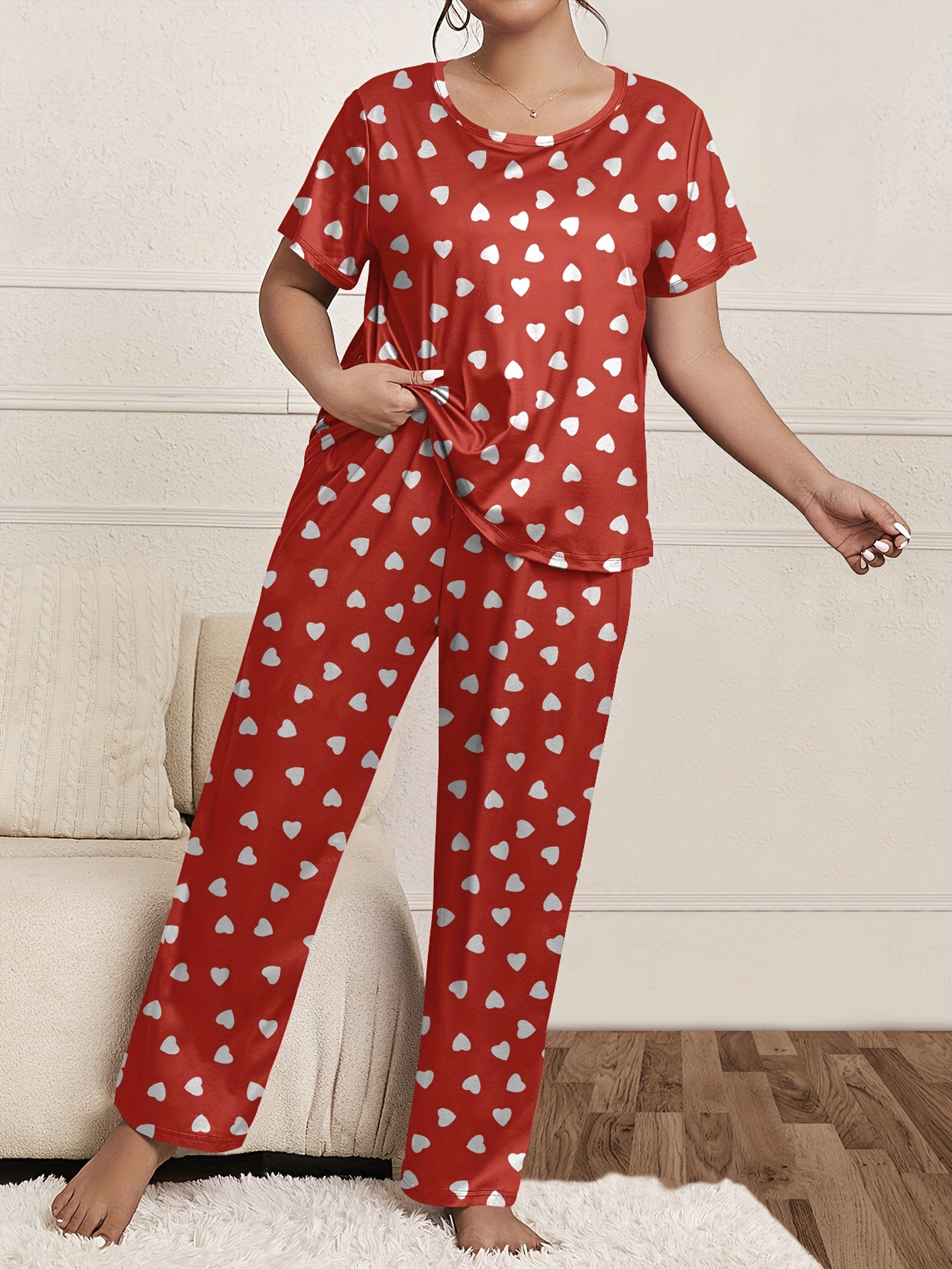 Women's Valentine's Day Casual Loungewear Set, Plus Size Heart Print Short  Sleeve Round Neck Top & Pants Pajamas 2 Piece Set