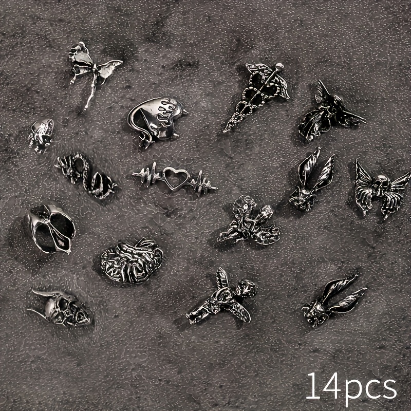 14pcs Halloween Series Alloy Nail Art Decorations, Patterns Mixed, Three-dimensional Antique Silvery Texture, Suitable For Nail Art Decoration