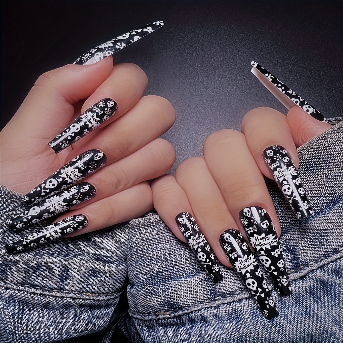 Extra Long Press On Nails Coffin Black Glossy Fake Nails - Temu