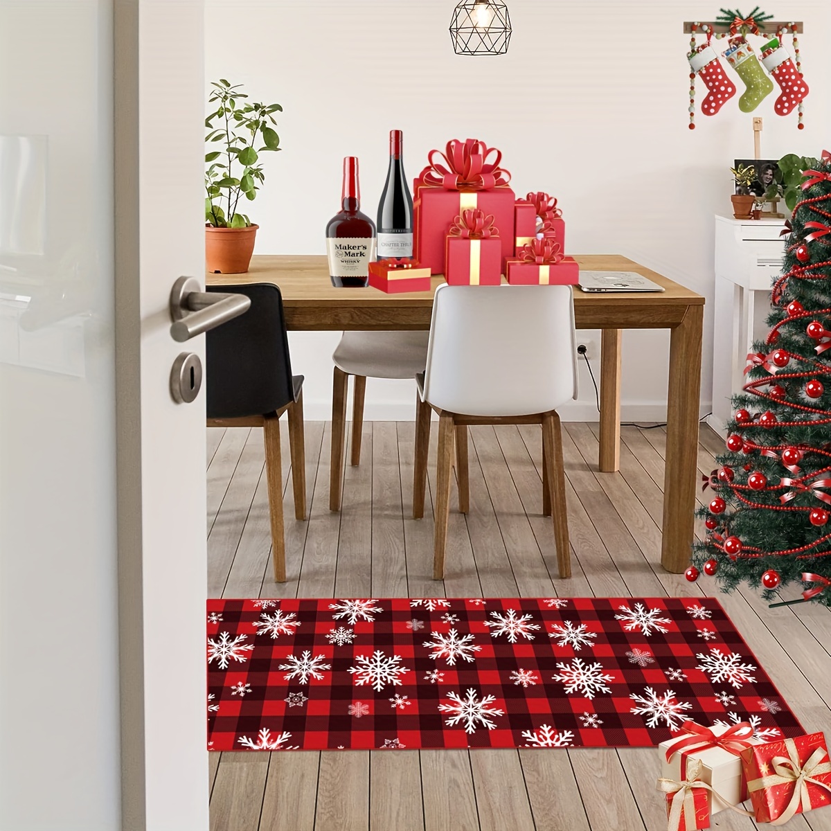 Kitchen Rug Non-Slip Kitchen Mats and Rug Red Merry Christmas Tree Bright  Country Winter Farmhouse