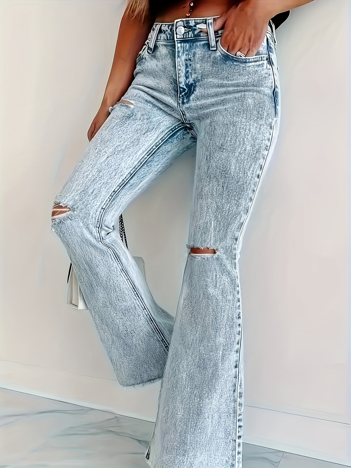 Ripped Whiskering Distressed Flare Jeans, Stretchy Water Ripple Embossed  Crotch Bell Bottoms Denim Pants, Women's Denim Jeans & Clothing