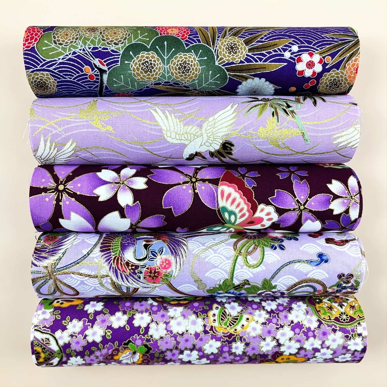 5pcs Purple Cotton Fabric Flower Printed Cheongsam Kimono Dress Fabric Home Textile Material