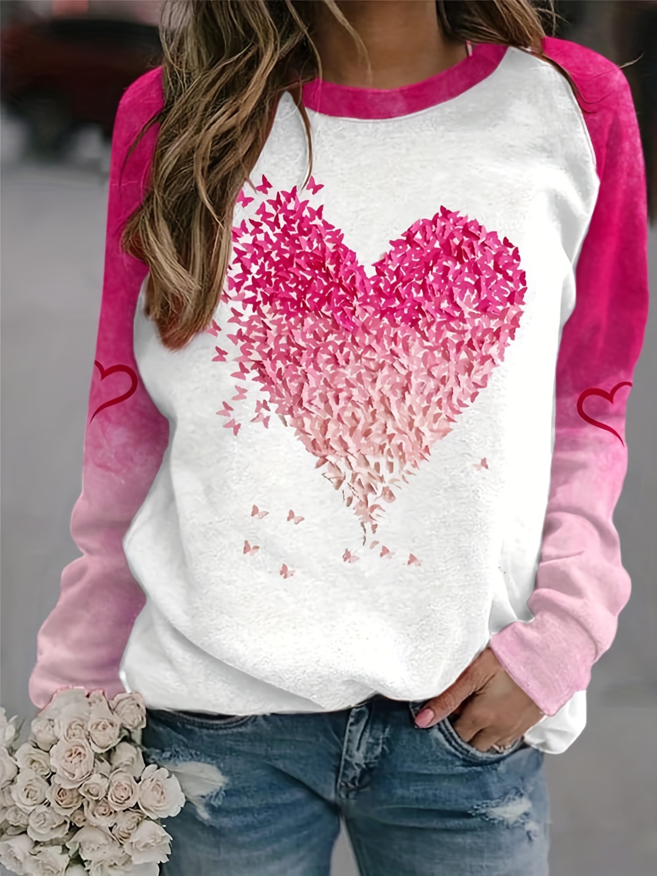 Canis Women Love Heart Print Long Sleeve O-neck Knitted Sweater