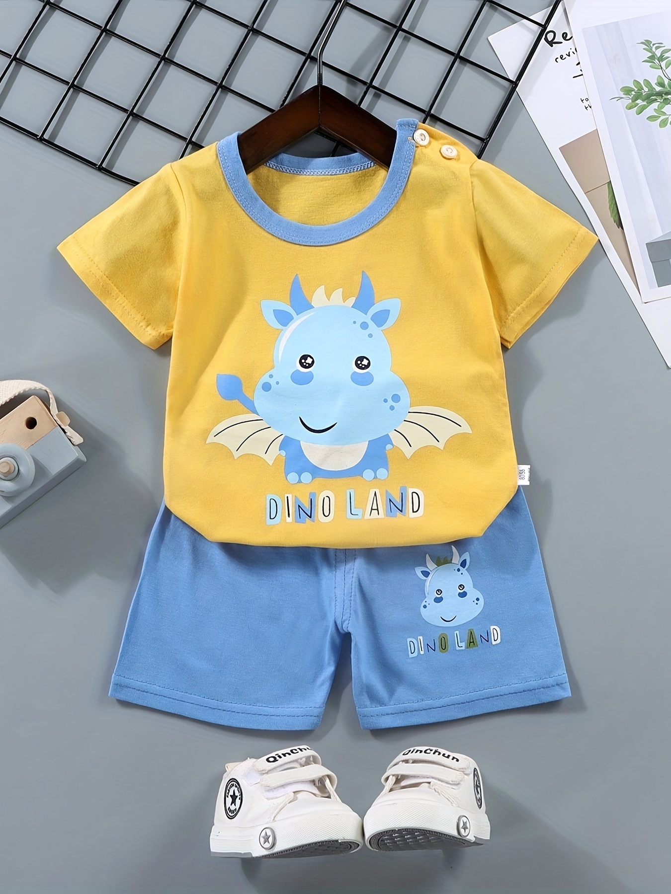 Boys' Short Sleeve Set, Pure Summer Outfit, Lightweight and Cool, Comfortable & Soft, 100% Striped Dinosaur Print, for Outdoor