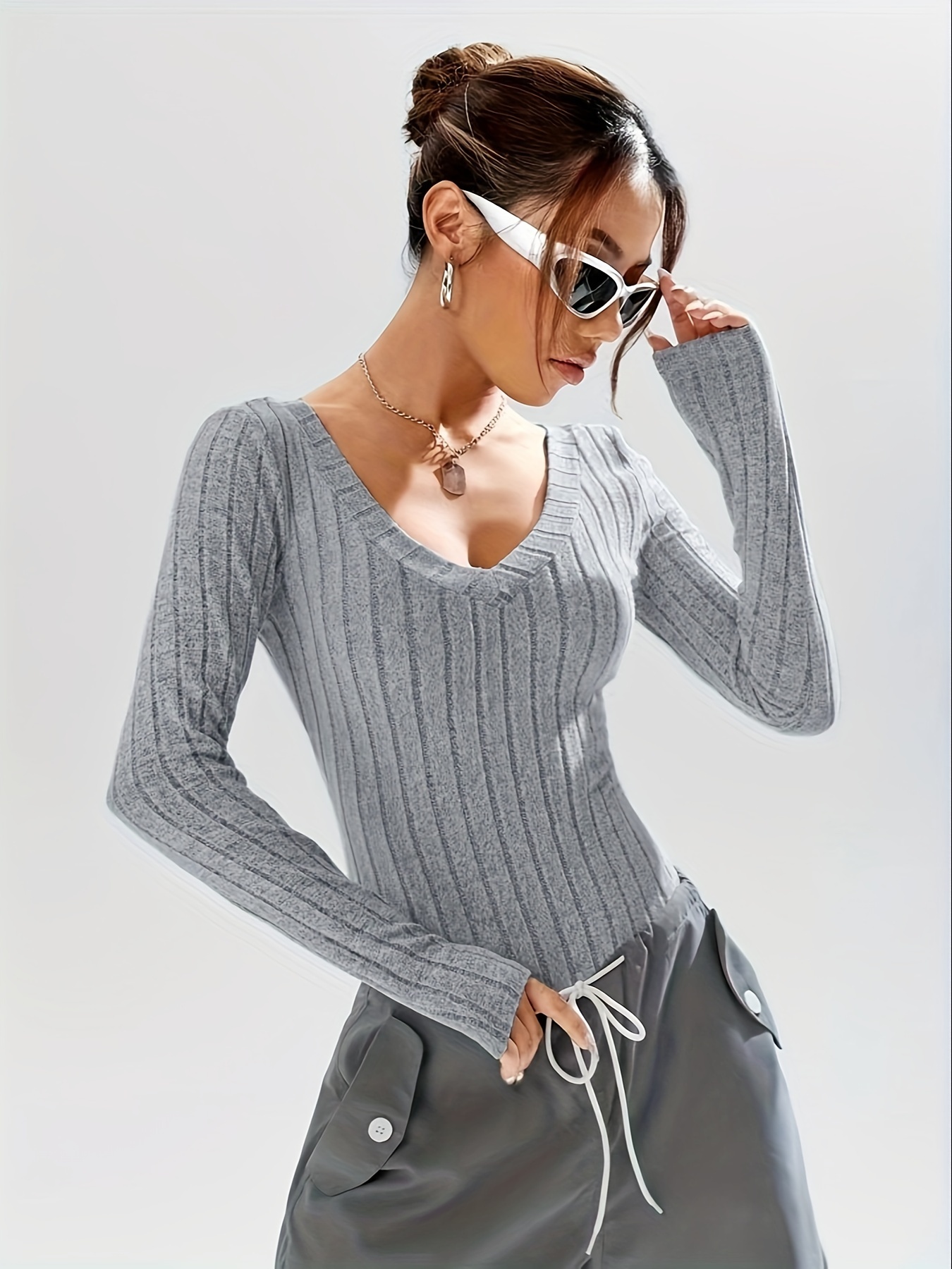 Ribbed Knit V Neck Bodysuit, Casual Long Sleeve One Piece Bodysuit