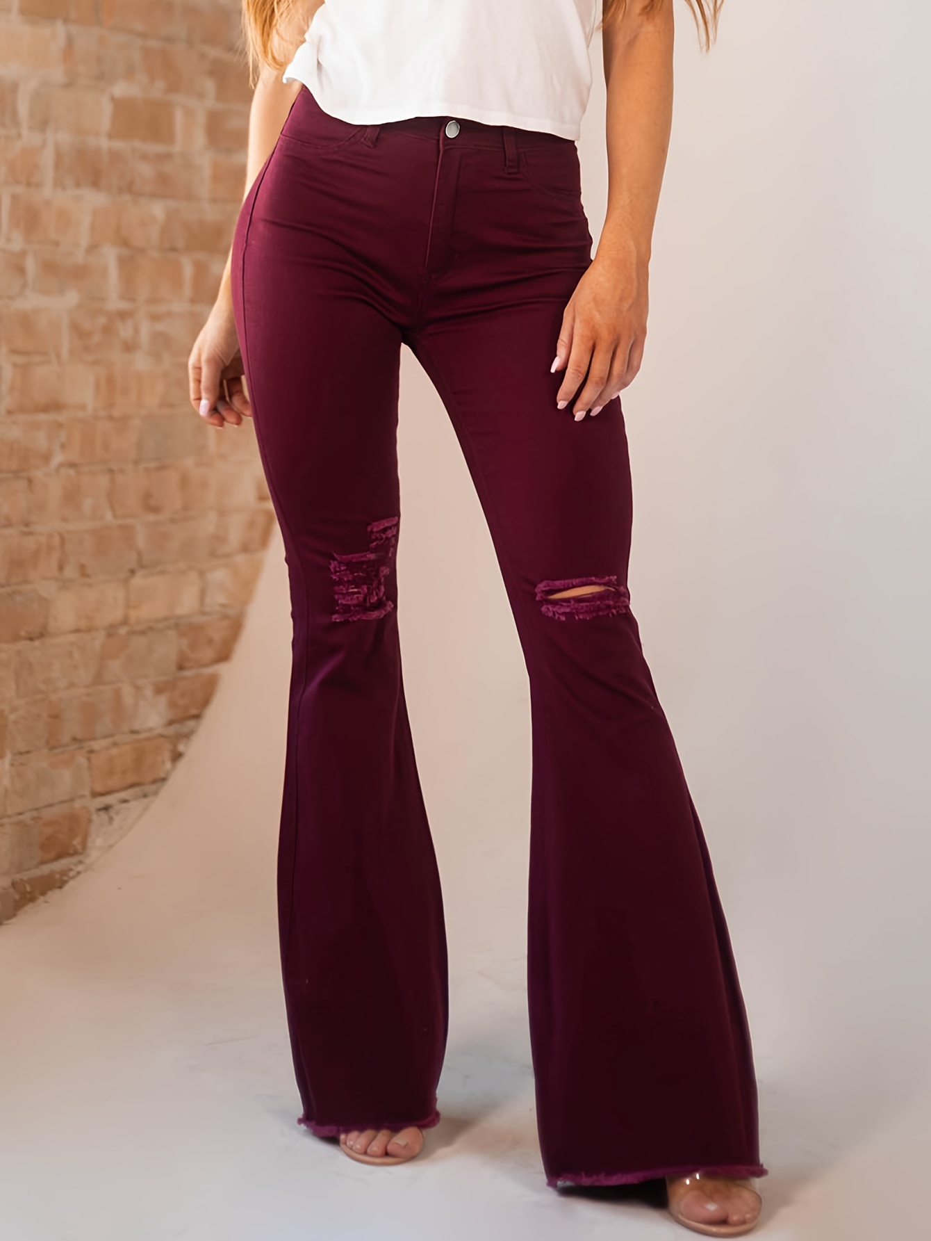 Burgundy Ripped Holes Bell Bottom Jeans *-waisted * Trim Loose Stretchy  Flare Jeans, Women's Denim Jeans & Clothing