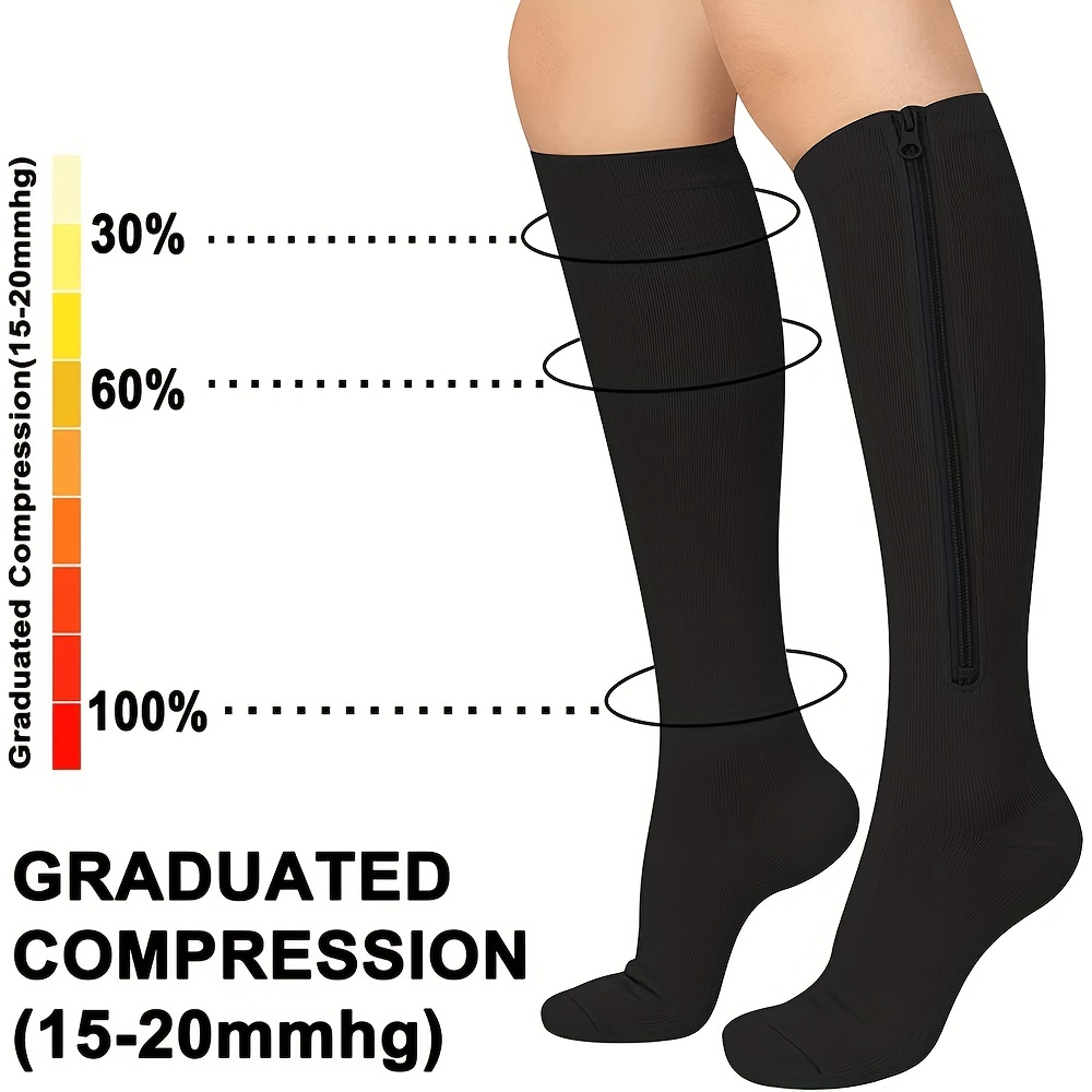 Open Toe 15-20 mmHg Compression Plus Size Wide Calf Leg Zipper Socks (2  Pairs Beige, S/M)