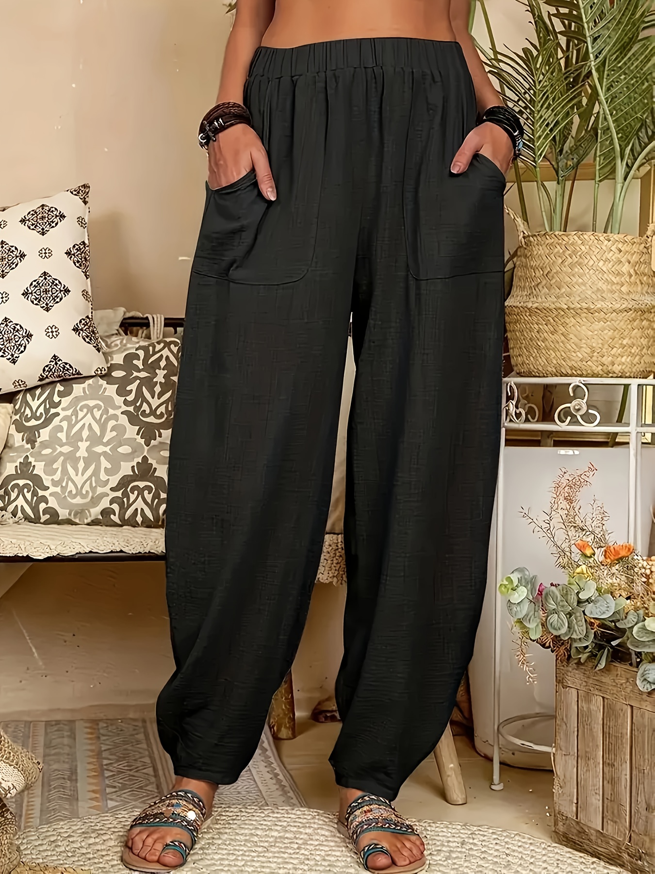 Women's Drawsting Elastic High Waist Carrot Trousers Plus Size Casual Baggy  Wide Leg Pants Lantern Pants (Black,Medium) at  Women's Clothing store