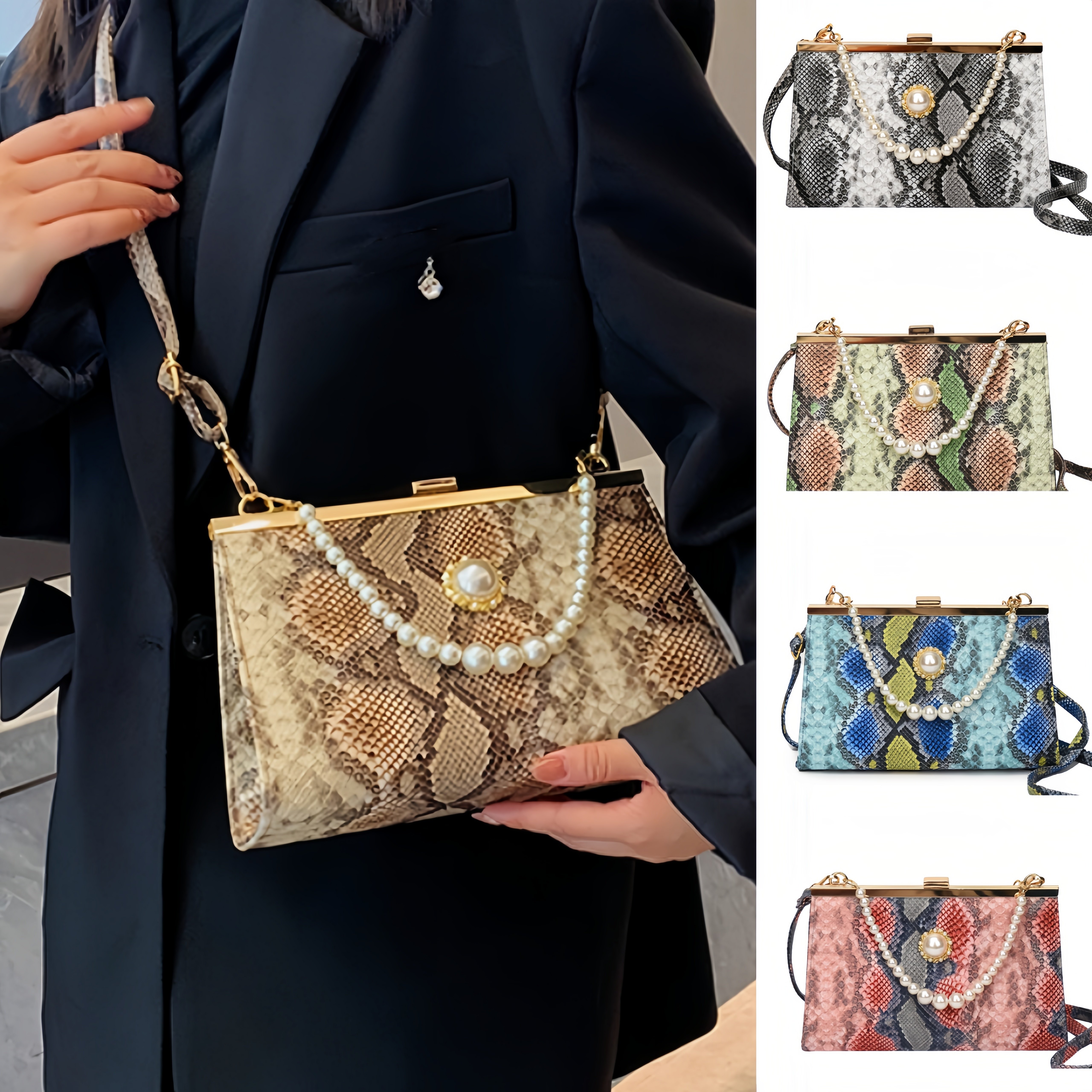Leather Shoulder Bag Chain Purse for Women - Fashion Crossbody Bags Vintage  Snake Print Underarm Bag Square Satchel Handbag