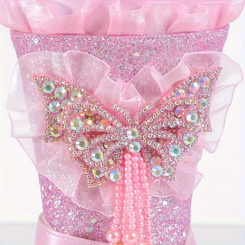 Trendy Schattige Strassvlinder Plus Fleecelaarzen Met Ritssluiting Voor Meisjes, Lichtgewicht Antisliplaarzen Voor Indoor Outdoor Reizen, Herfst En Winter