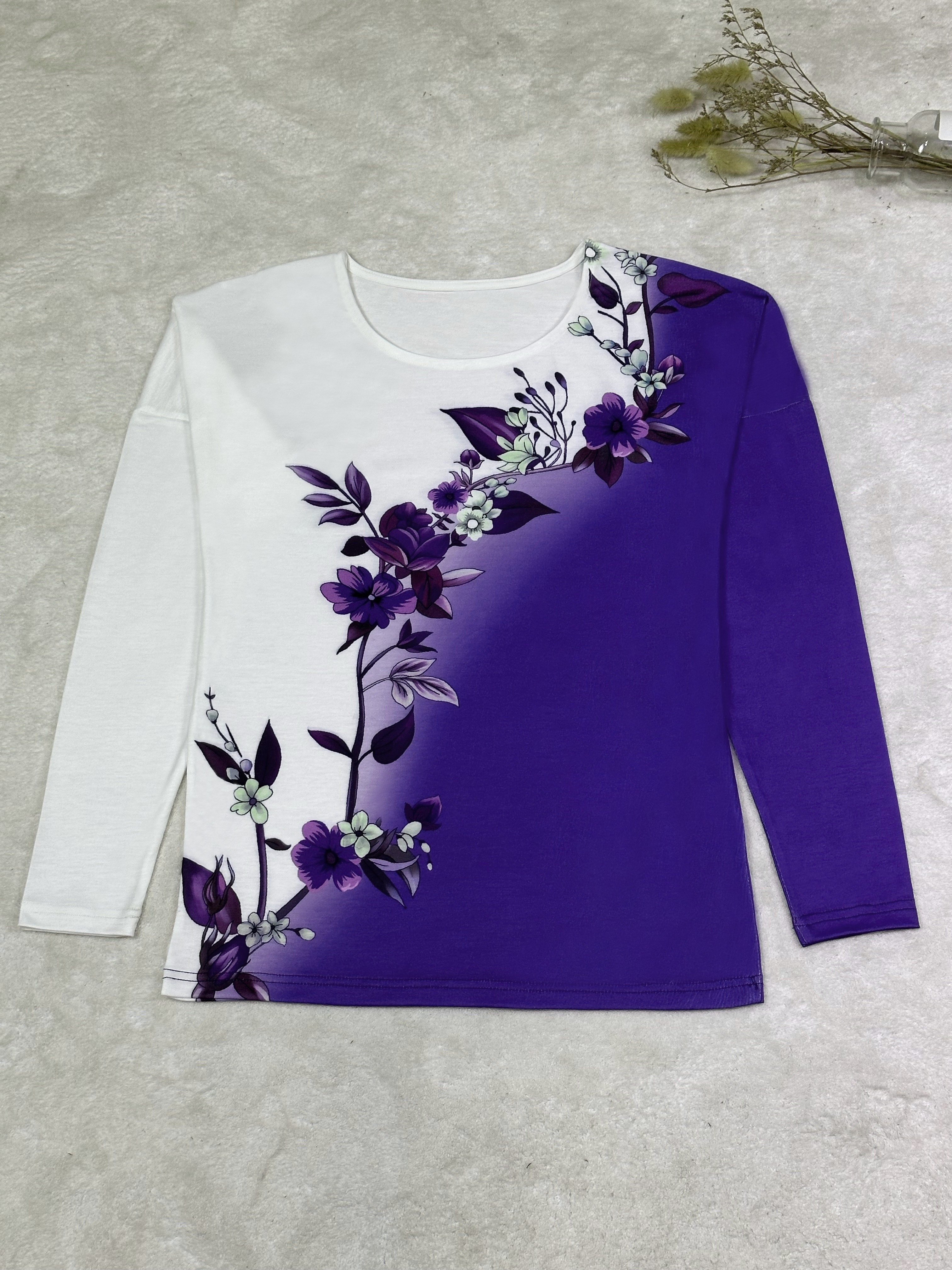 Women's Long Sleeve Tops Printed Floral T-shirt Purple Flower