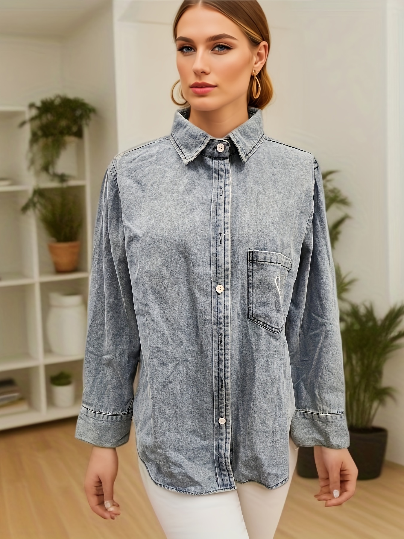 Lapel Neck Bottom Down Front Denim Jacket, Long Sleeve Loose Retro Denim  Shirt With Patched Pocket, Women's Denim Clothing