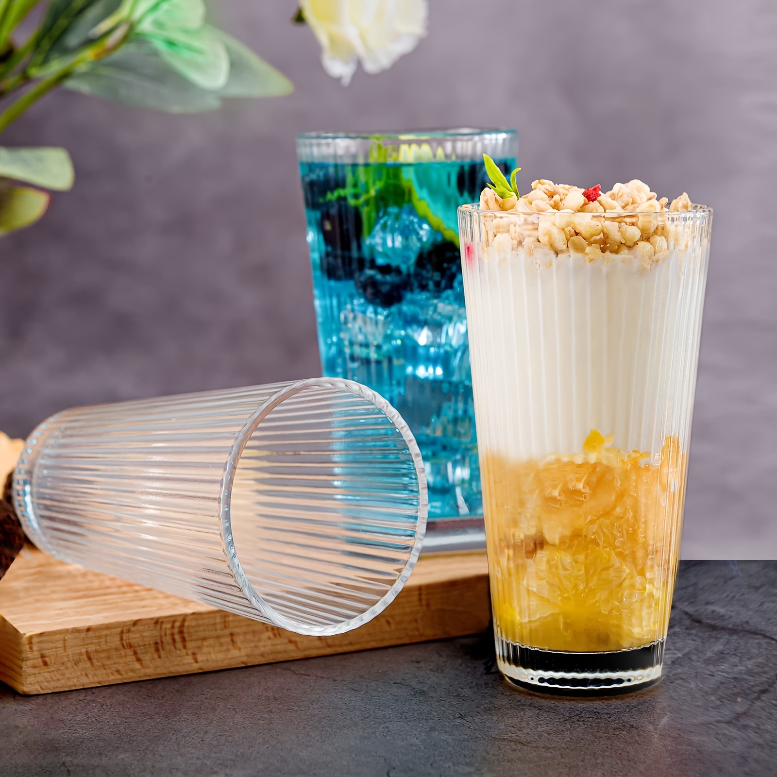 Vertical Stripes Glass Cup Set, Drinking Glasses With Straws, High Ball  Glasses For Bubble Tea, Cocktail, Beer, Drink Cups Suitable For Smoothies,  Juice And Coffee - Temu
