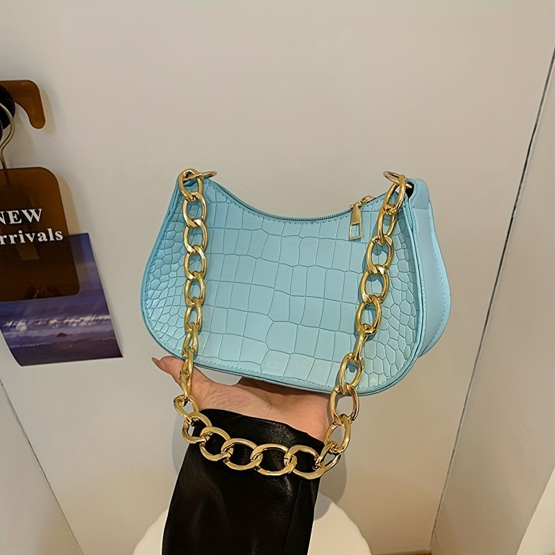 Crocodile Embossed Chain Baguette Bag