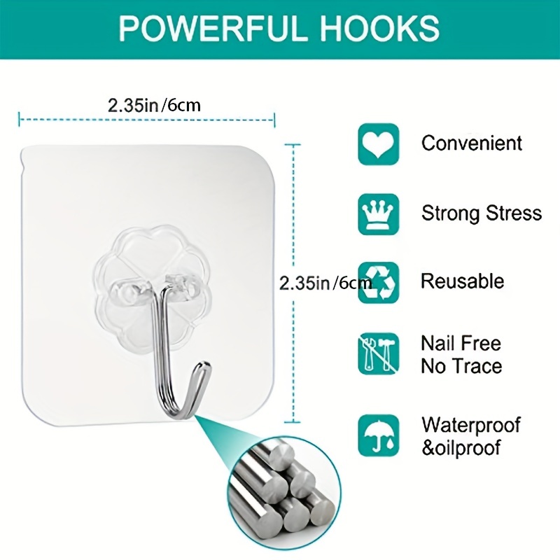 24pcs Adhesive Heavy Duty Wall Hooks Transparent Reusable Seamless Nail  Free Hooks Waterproof And Oilproof, Bathroom Kitchen Utility Towel Mug Cups  Sp