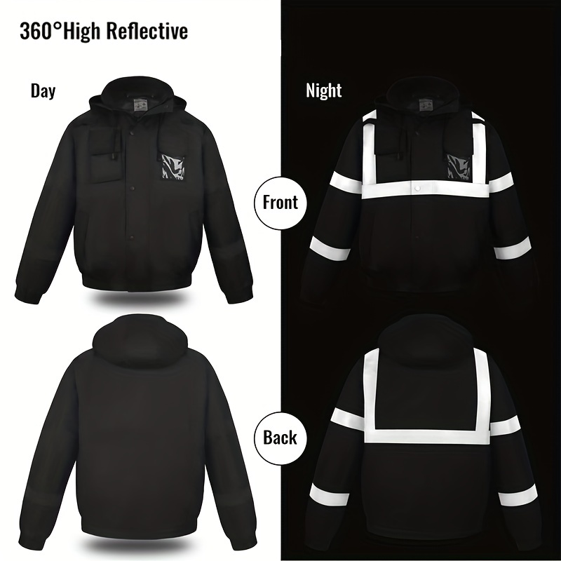 Temu Reflective Safety Jackets High Visibility Black for Men Women, Waterproof Safety Jacket with Pockets, Hi Vis Coats with Black Bottom, Work