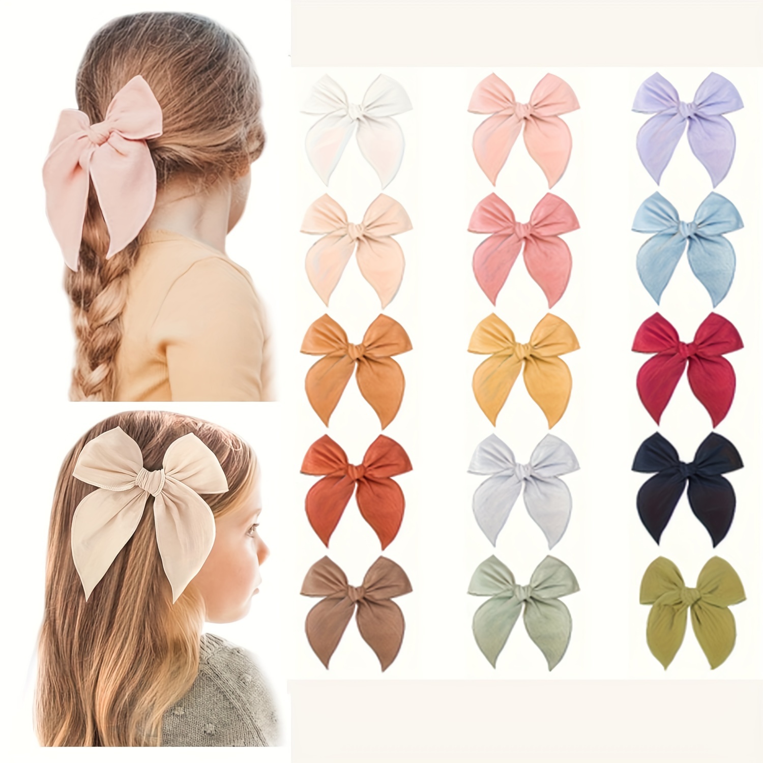 

15pcs Simple Solid Color Bow Hairpins Set Boho Sweet Fabric Large Bowknot Duckbill Clips Handmade Hair Accessories