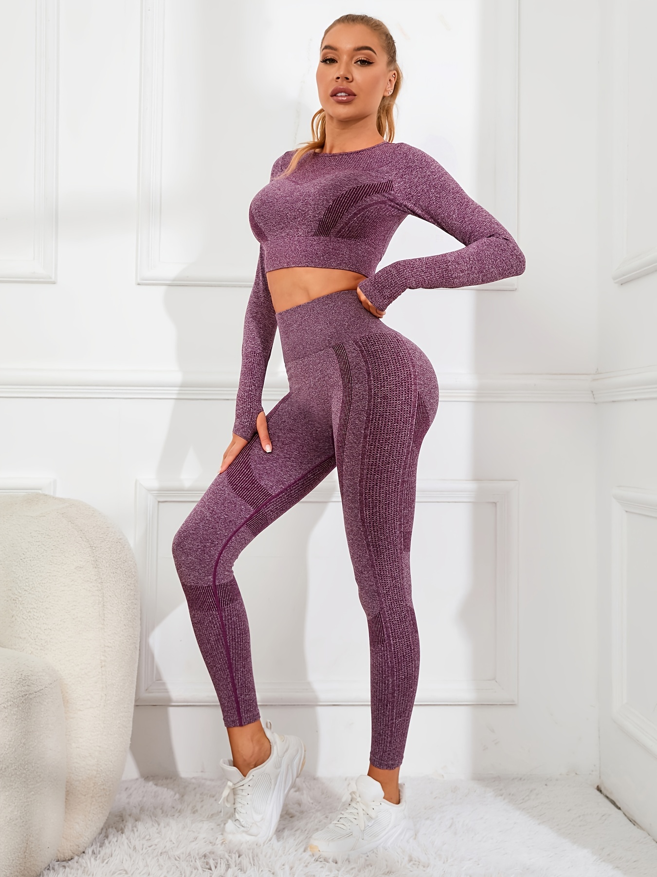 Hottest Ribbed Sport Suit Female Yoga Sets Seamless Fitness
