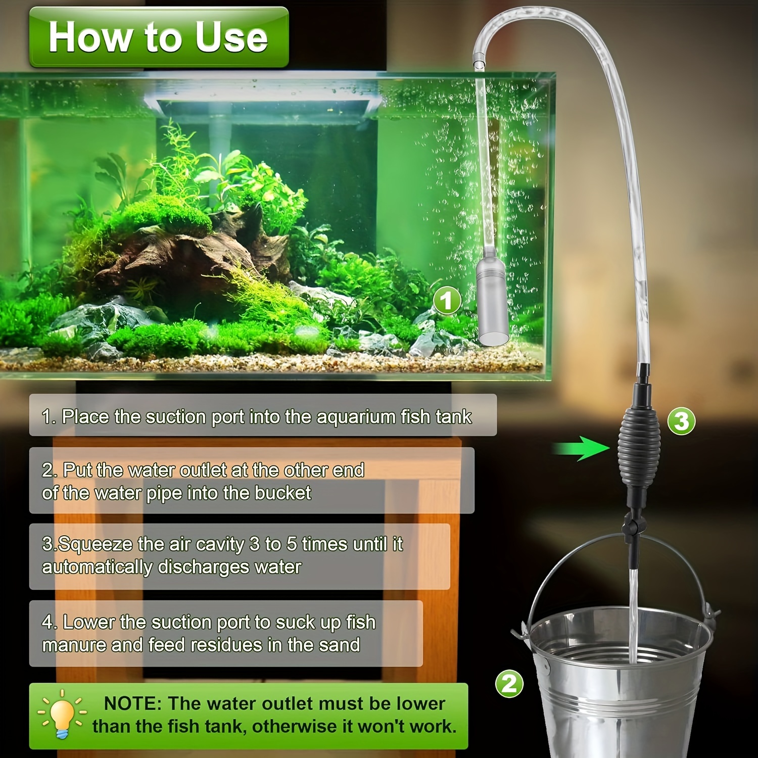 JOR Turtle Tank Siphon, Manual Hand Pump for Aquarium Water Change, Quick  to Assemble & Easy to Use, Includes Flexible Standard Tubing, Netted