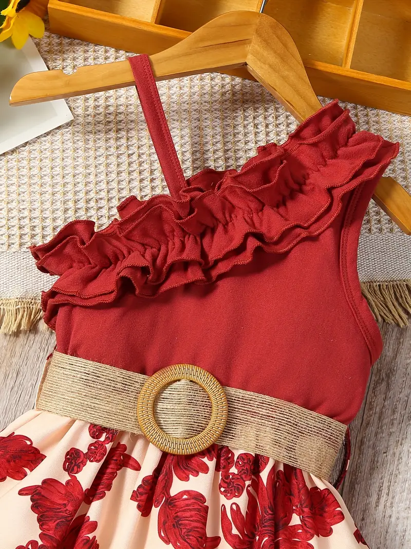 toddler girls asymmetrical neck ruffle trim one shoulder sunflower graphic belted princess dress for party beach vacation kids summer clothes details 22