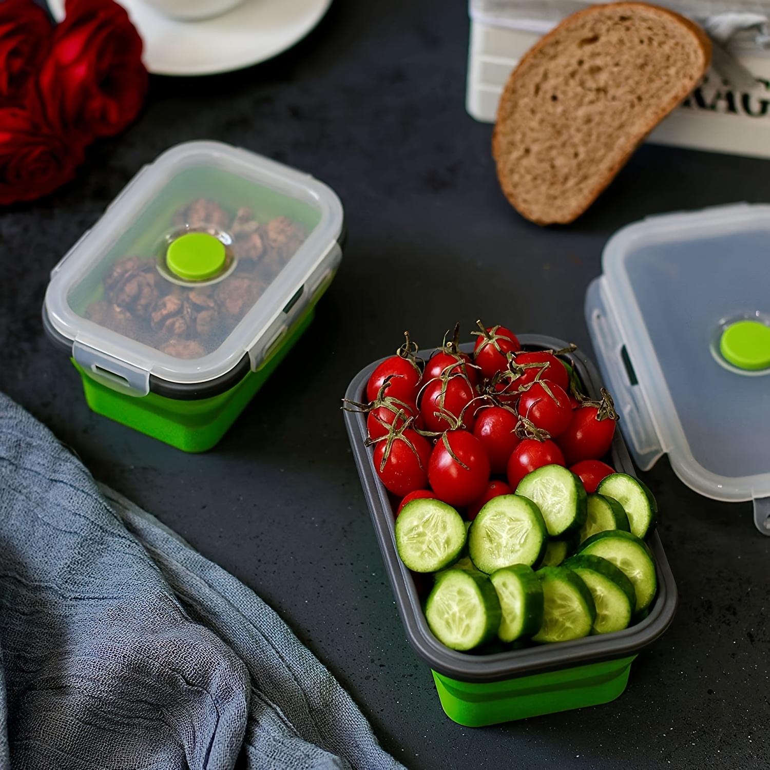 Set of 4 Collapsible Silicone Food Storage Container, Leftover Meal box For  Kitchen, Bento Lunch Boxes, BPA Free, Microwave, Dishwasher and Freezer