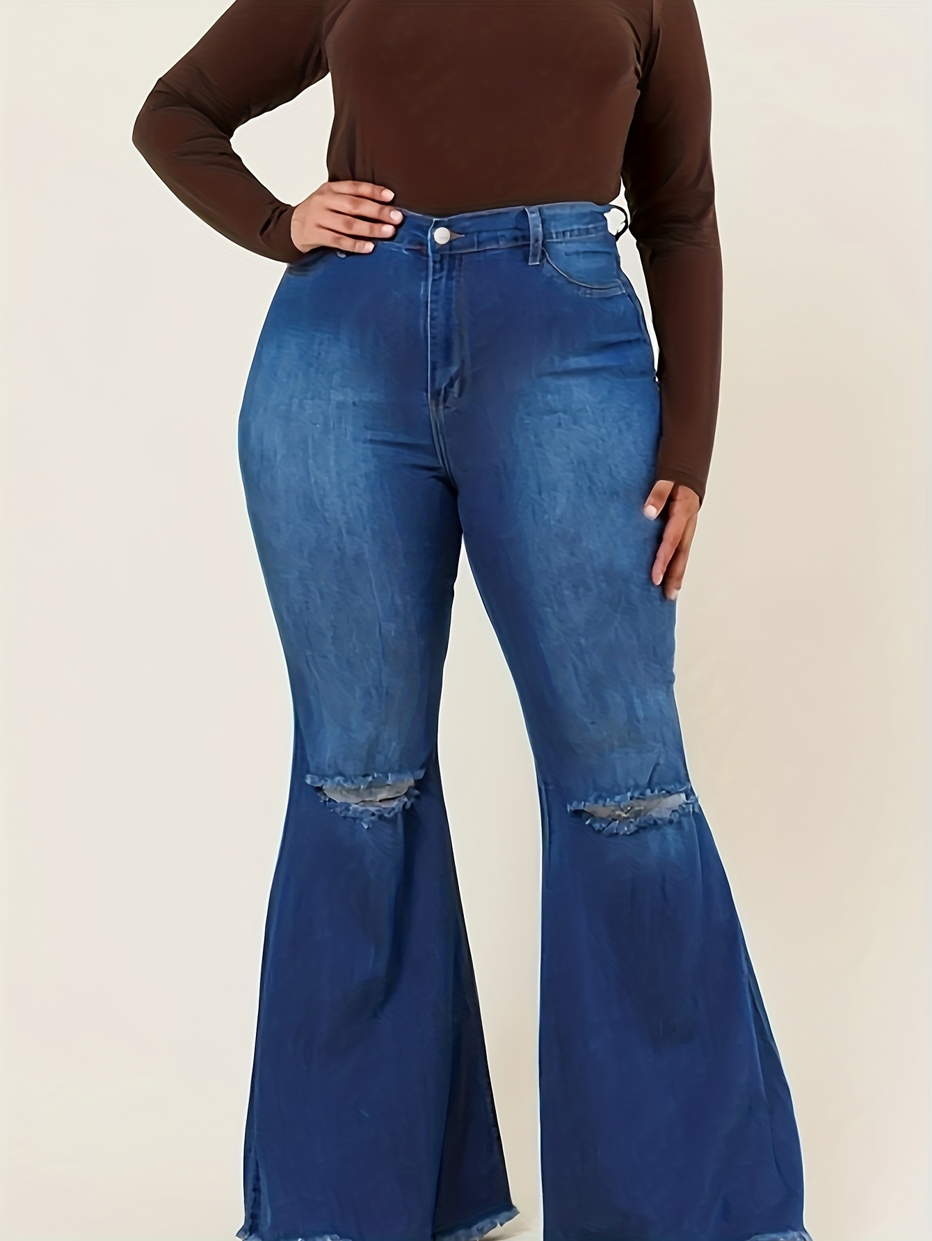 Plus Size High Rise Ripped Flared Jeans, Women's Plus Medium Stretch Casual Flared  Denim Pants - Temu