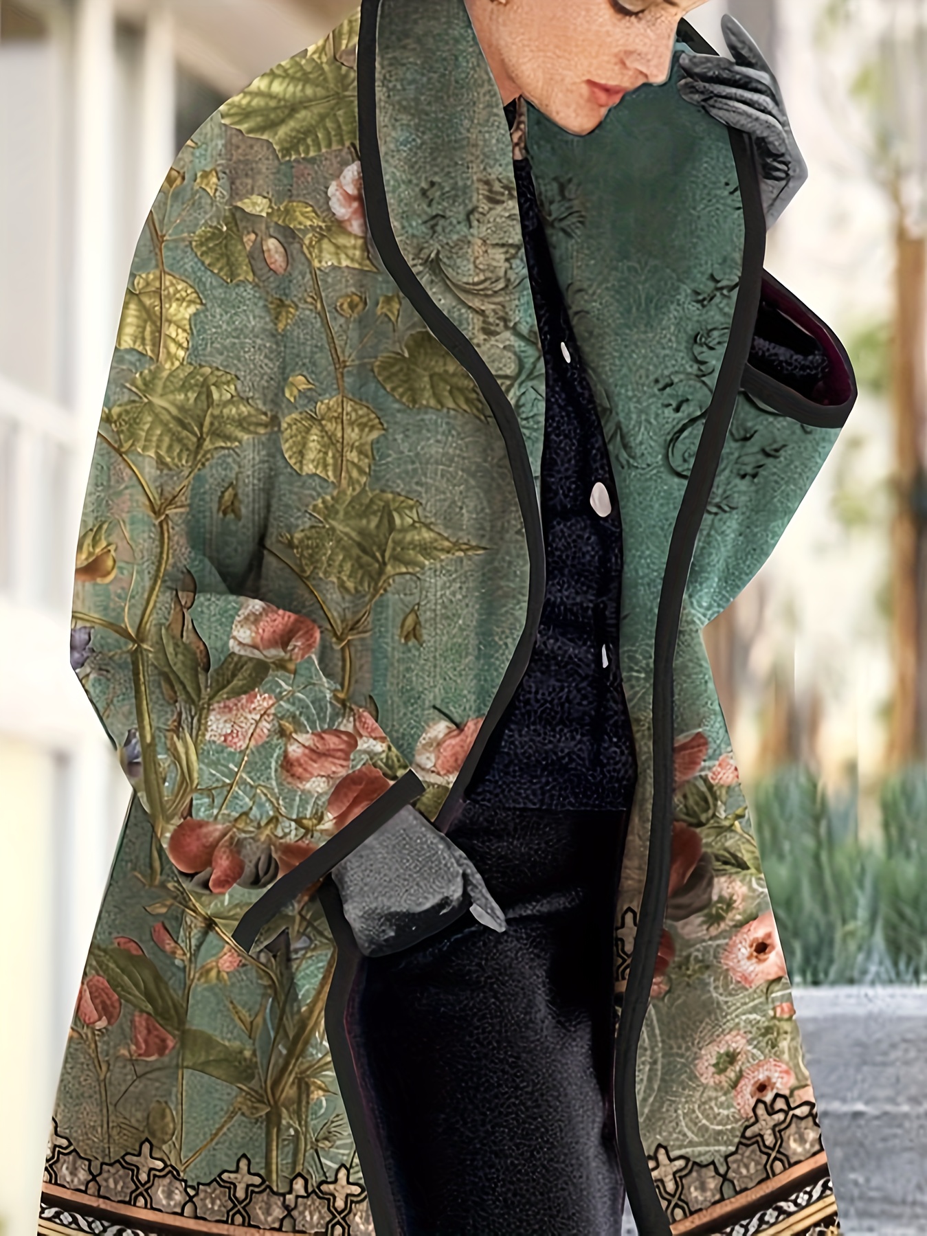 Vintage Floral Pattern Trench Coat, Elegant Double Breasted Long Sleeve  Outerwear, Women's Clothing