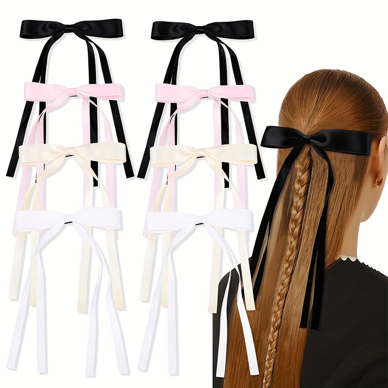 Lazos para el cabello para mujer, 2 unidades, lazo para el cabello blanco,  lazo de pelo negro, cinta de satén sedoso, cola larga de gran tamaño, lazos