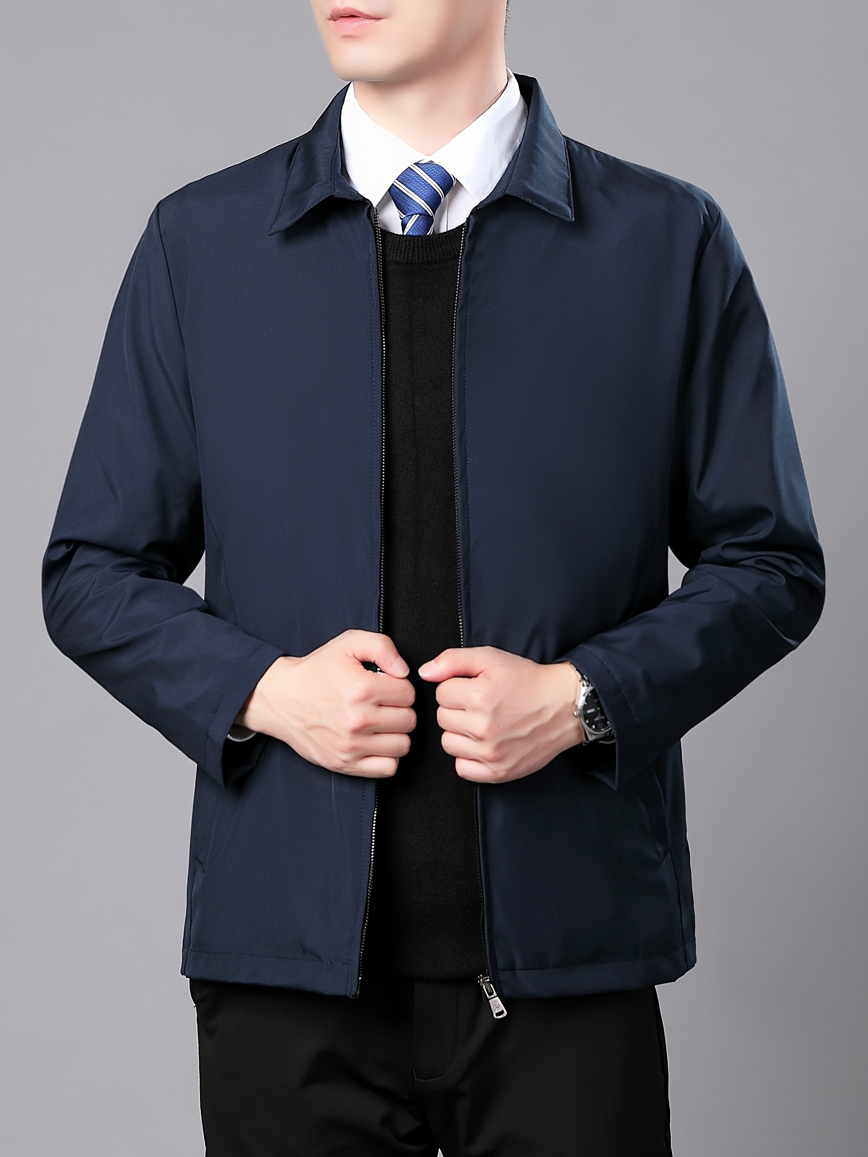 Men Formal Pocket Harrington Jacket Mens Fall Business Long Sleeve