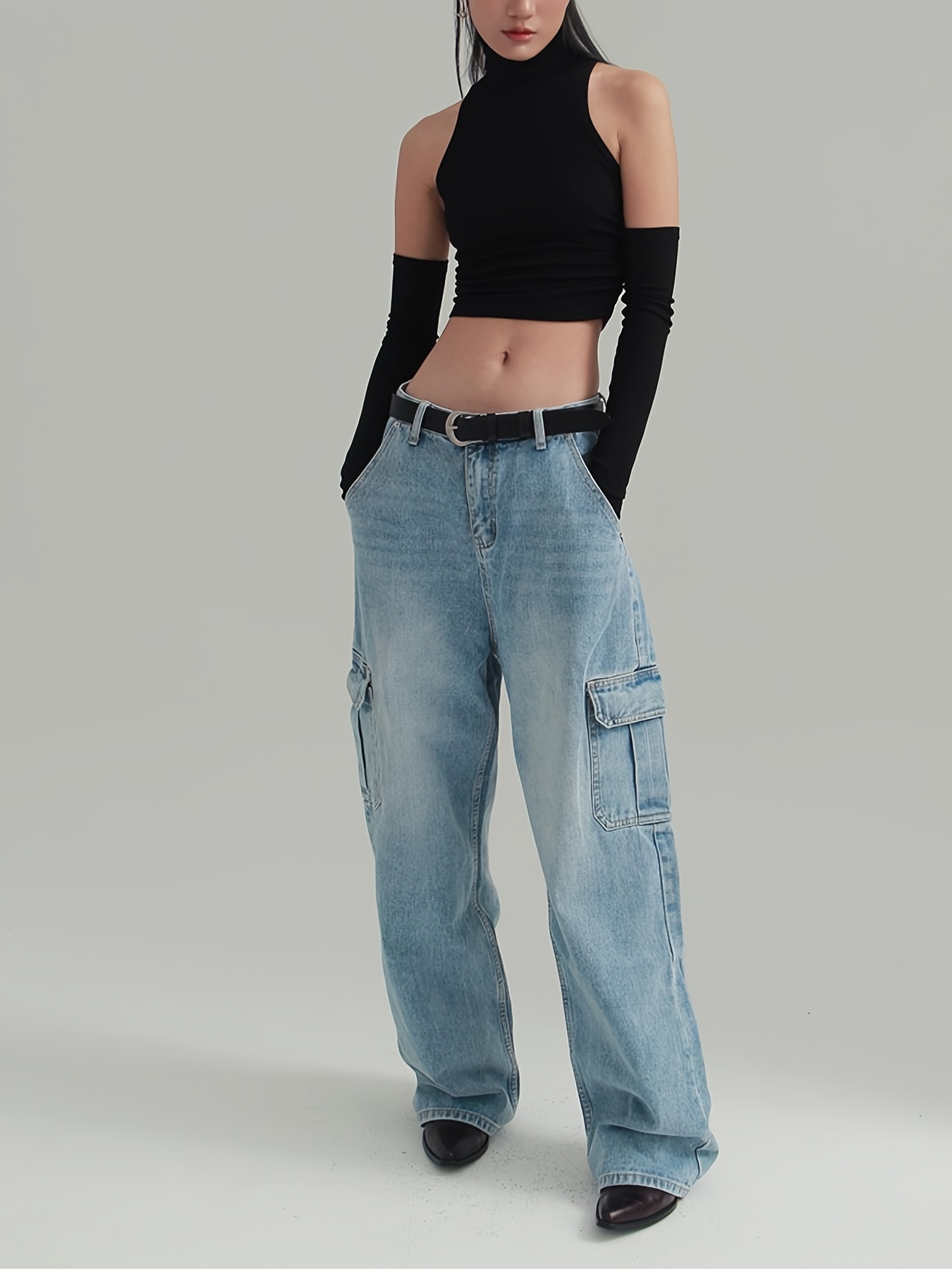 High Rise Loose Baggy Denim Cargo Pants, Floor Length Expanded Flap