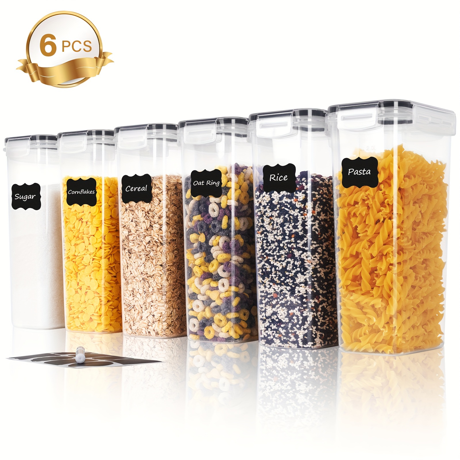 6pcs Airtight Pasta Storage Containers, 81.15oz Large Food Canisters  Organizer With Labels Marker For Flour Sugar Noodles Dry Food, BPA Free,  Black