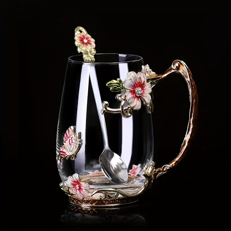 Glass Cup Rose Enamel Crystal Tea Cup Coffee Mug Tumbler - Temu