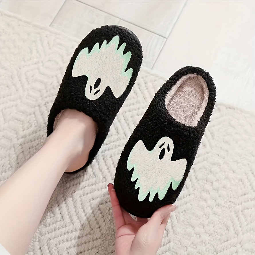 halloween skull ghost pattern plush slippers closed toe soft details 4