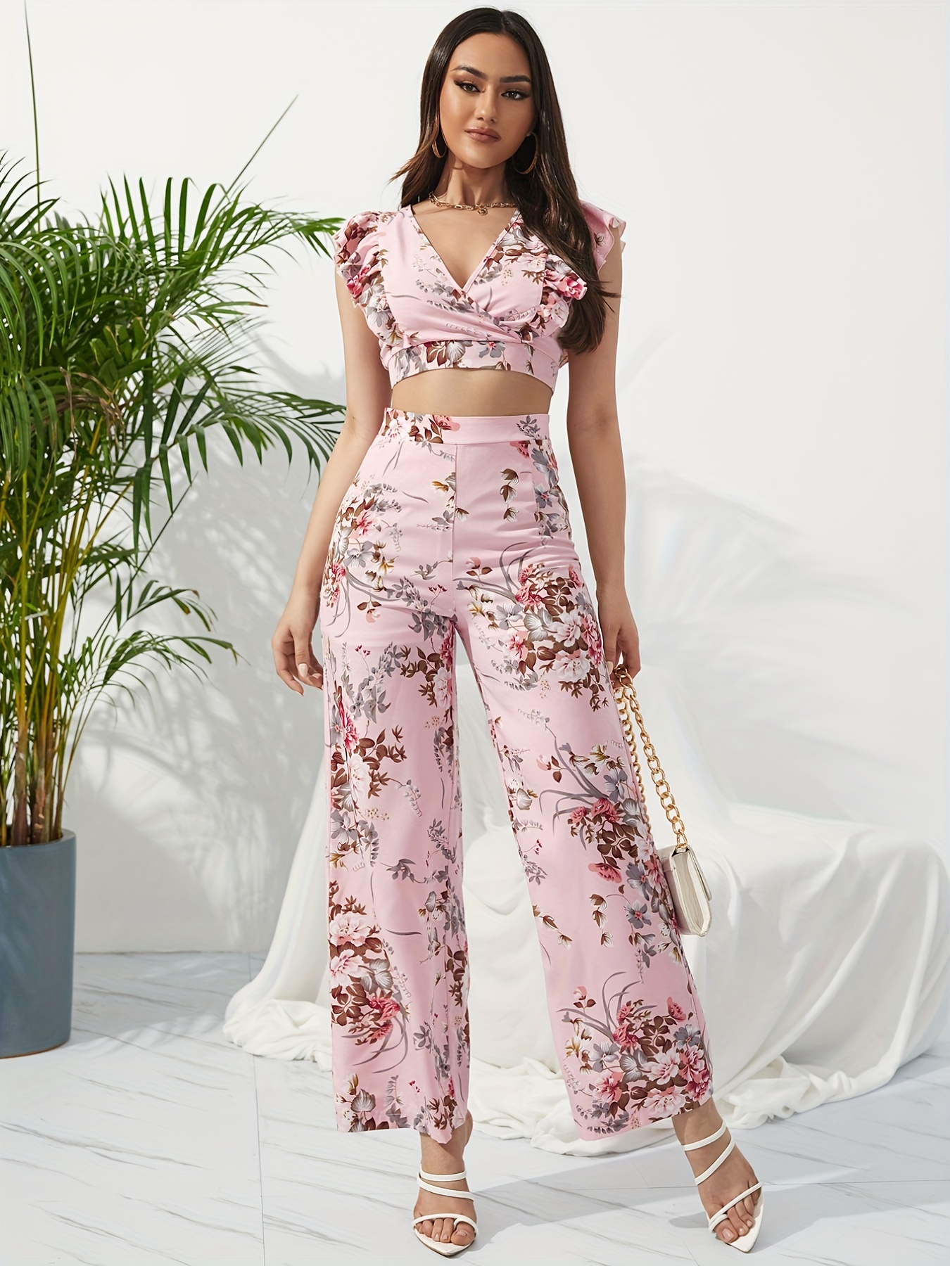 Casual Floral Printed Ruffle Top & Long Pants Suits, Women's Night