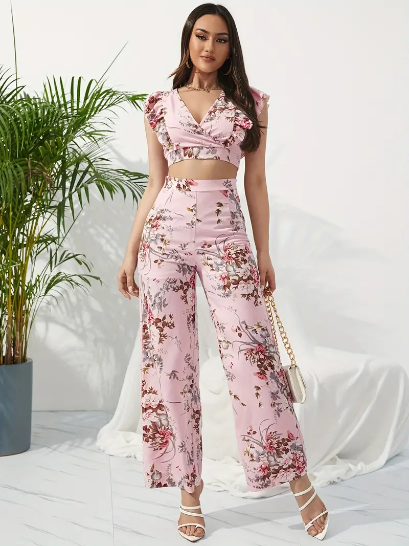 Floral Print Casual Two piece Set Tie Back Ruffle Trim Tops - Temu Canada