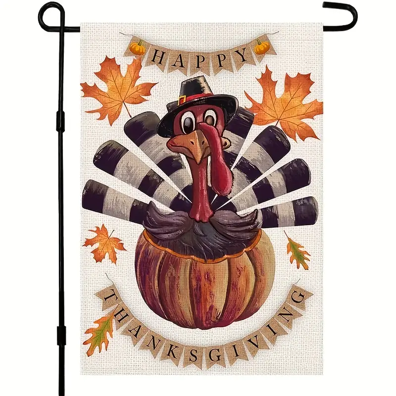 1pc Happy Thanksgiving Turkey Fall Garden Flag 12 X 18 Inch Burlap Vertical Double Sided Maple Leaf Autumn Pumpkin Yard Outside Decor details 1