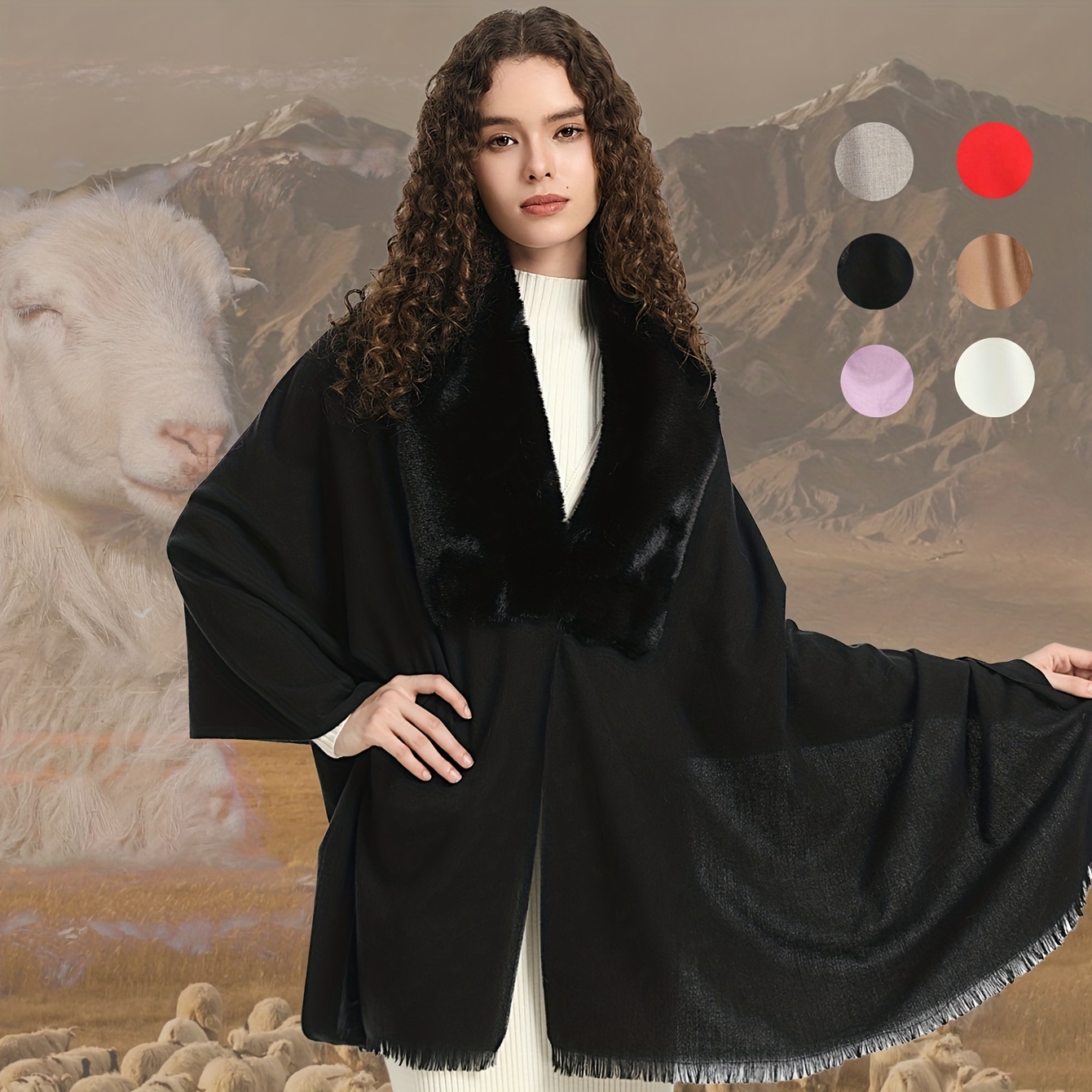 Mature Imitation Cashmere Warm Shawl Solid Color Faux Fur Collar