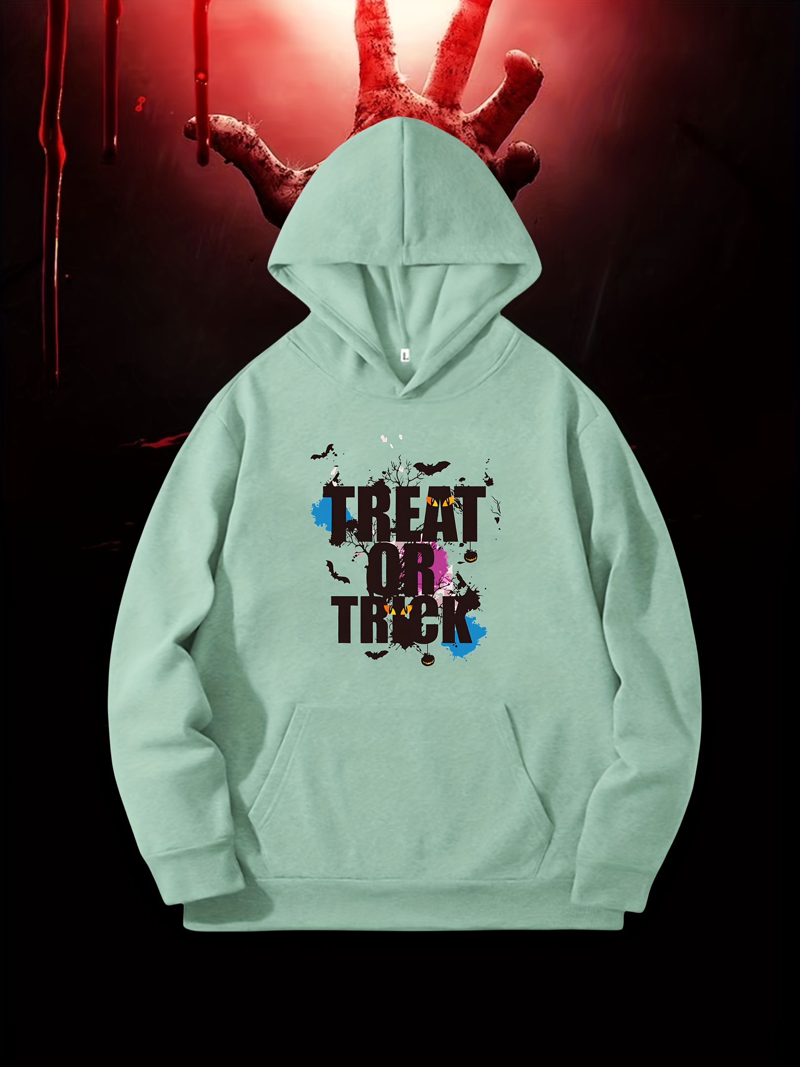 Men's Halloween Treat Or Trick Letter Print Hoodie, Casual Slightly Stretch Drawstring  Hooded Sweatshirt, Men's Clothings For Outdoor - Temu