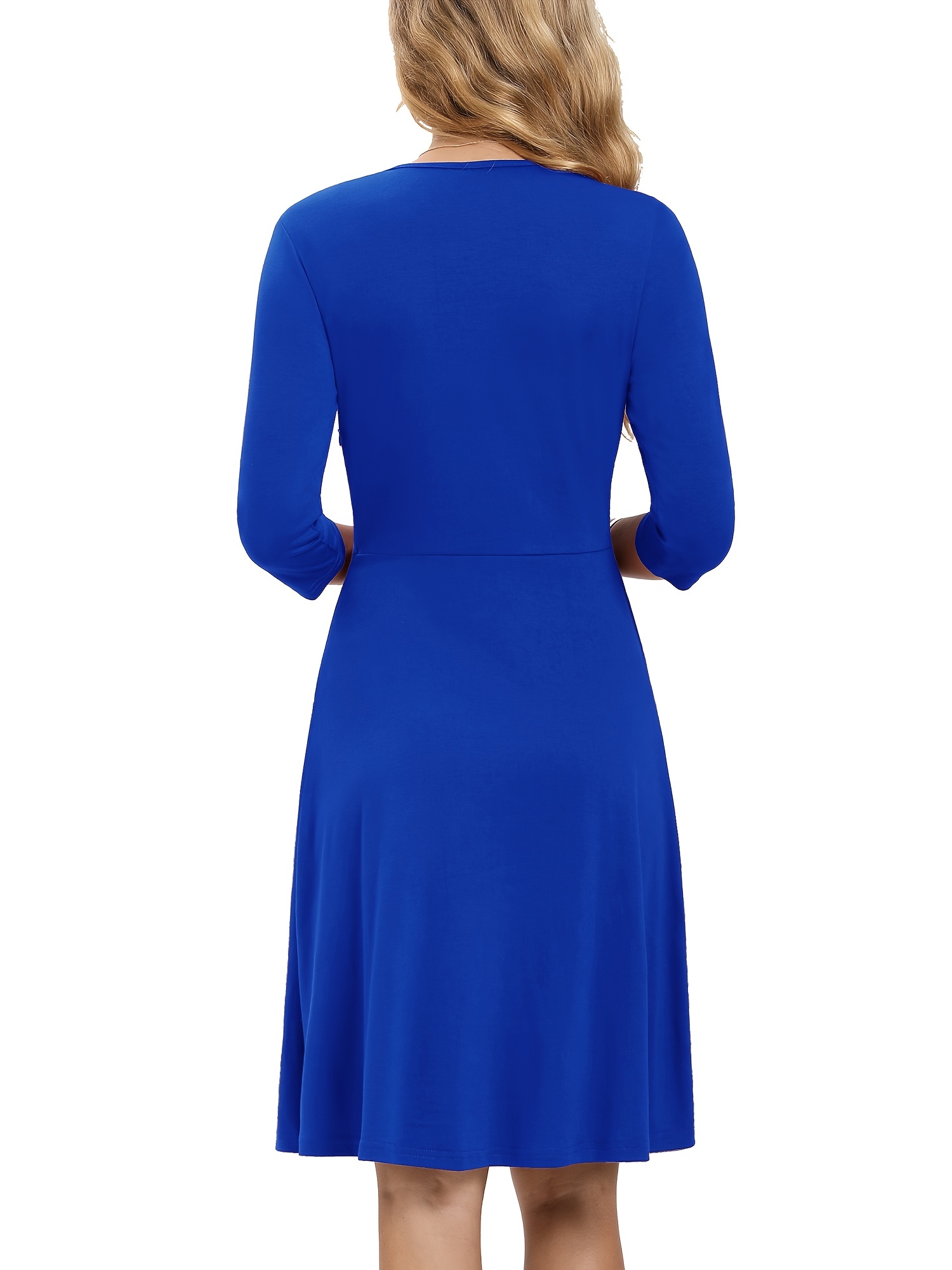 Solid Round Neck 3 4 Sleeve Dress High Waist Casual Temu