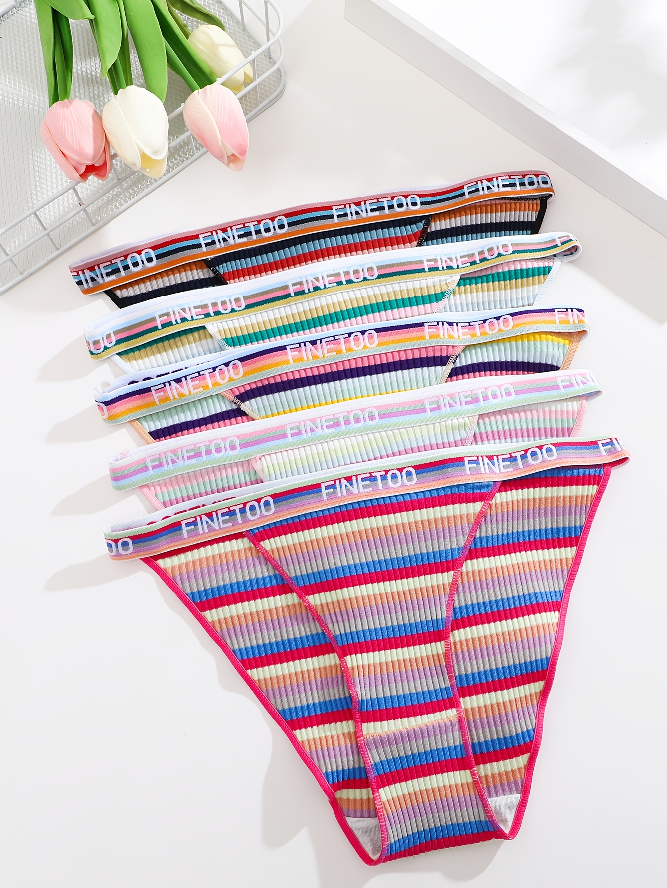 5pcs Letter Tape Ribbed Briefs, Comfy & Breathable Rainbow Striped Panties,  Women's Lingerie & Underwear